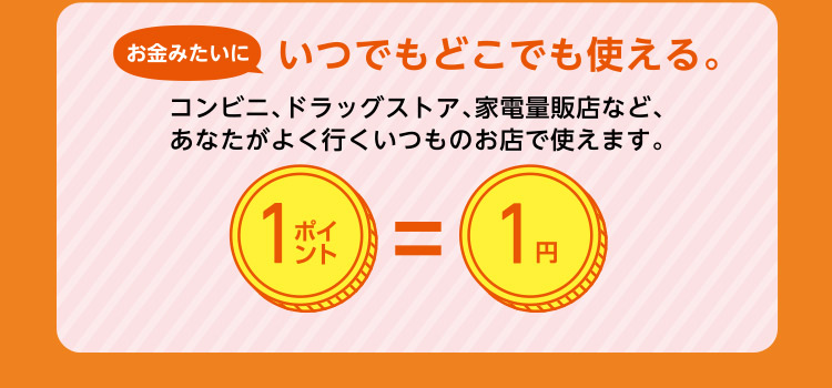 お金みたいにいつでもどこでも使える！コンビニ、ドラッグストア、家電量販店など、あなたがよく行くいつものお店で使えます。