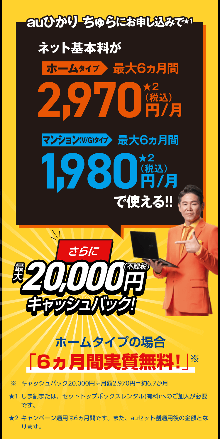 auひかり ちゅらにお申し込みでネット基本料が最大6ヶ月間2,970円/月(ホームタイプ)