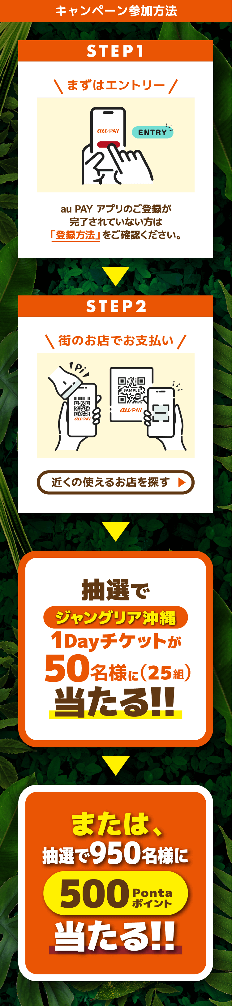 キャンペーン参加方法 STEP1：まずはエントリー STEP2：街のお店でお支払い 抽選でジャングリア沖縄1Dayチケットが50名様に(25組)当たる!! または、抽選で950名様に500Pontaポイント当たる!!