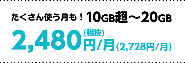 たくさん使う月も！10GB超〜20GB 月額2,480円（税抜）/2,728円（税込）